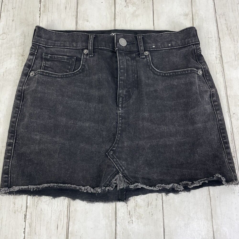 Express Original Straight Mini Skirt Black Denim Mid Rise Raw Hem Size 0